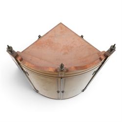 Edwardian inlaid birds-eye maple corner cabinet, urn finials above shell motif inlays, reeded column's hanging hooks