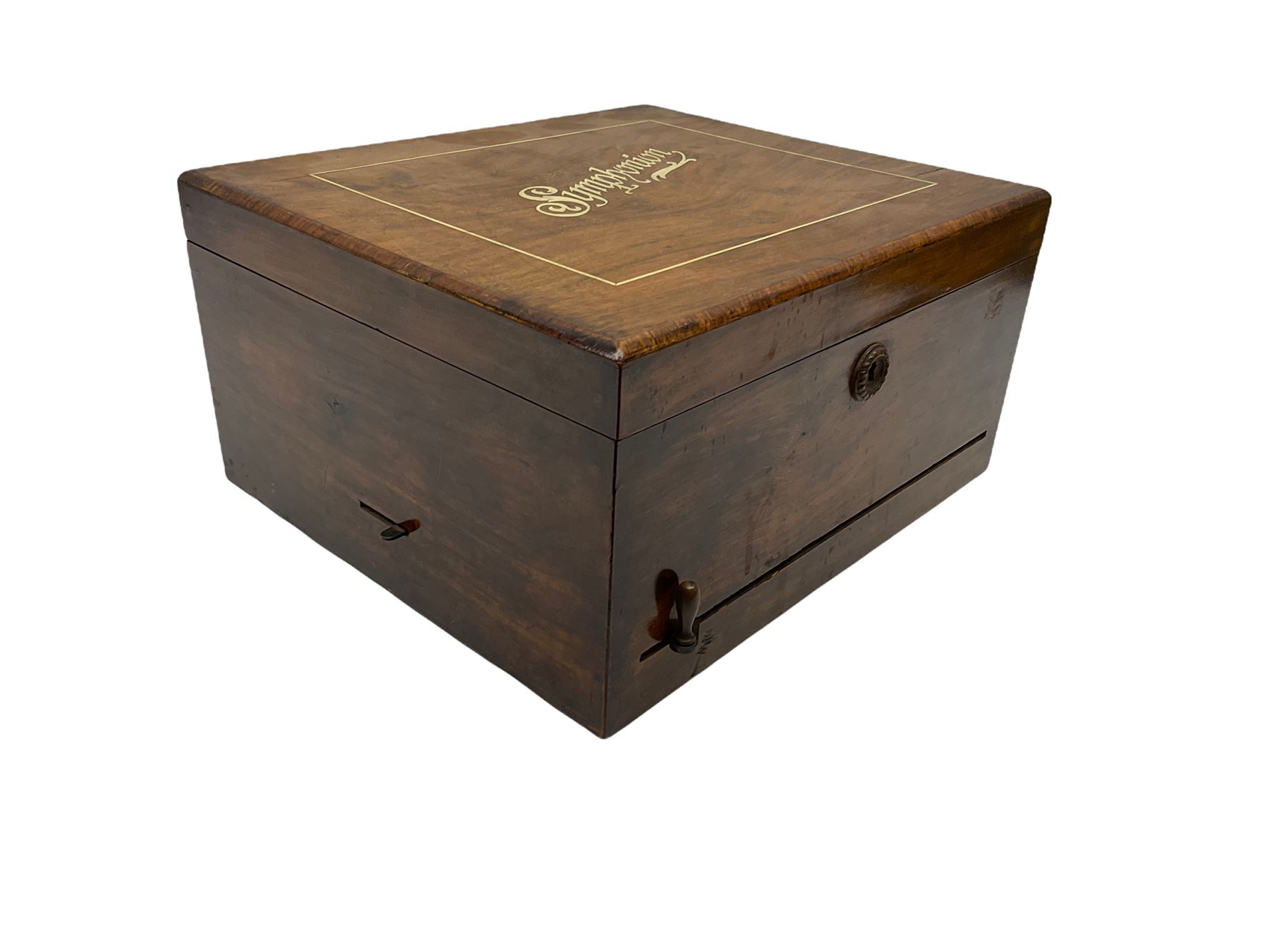 Late 19th century Symphonion disc musical box in inlaid walnut case with front lever action playing 25.5cm discs on a 10.5cm steel comb with forty-nine teeth, musical scene of cherubs under the lid, L33cm; together with five 25.5cm discs, fifteen 20.5cm discs and eleven 19cm discs