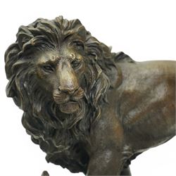 After Barye - Bronzed big cat family group of lion, lioness and two cubs on oval marble base 31cm x 36cm
