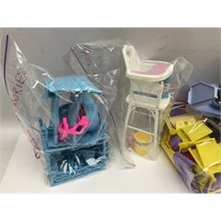 Barbie - collection of 1980s accessories including furniture and outside effects, Fluff the kitten, baby's high chair, playset and nursery items, groceries, crockery, pots and pans, homewares, television, 1985 Annual, transistor radio etc; all unboxed