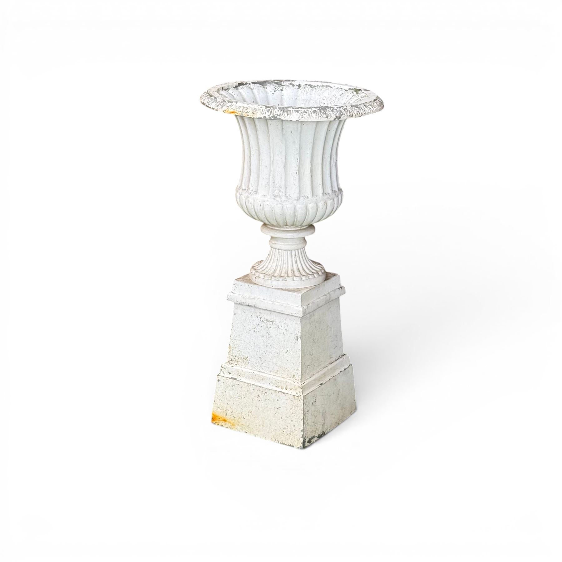 Victorian design white painted cast aluminium garden urn on plinth, fluted bowl on squat pedestal, tapering base