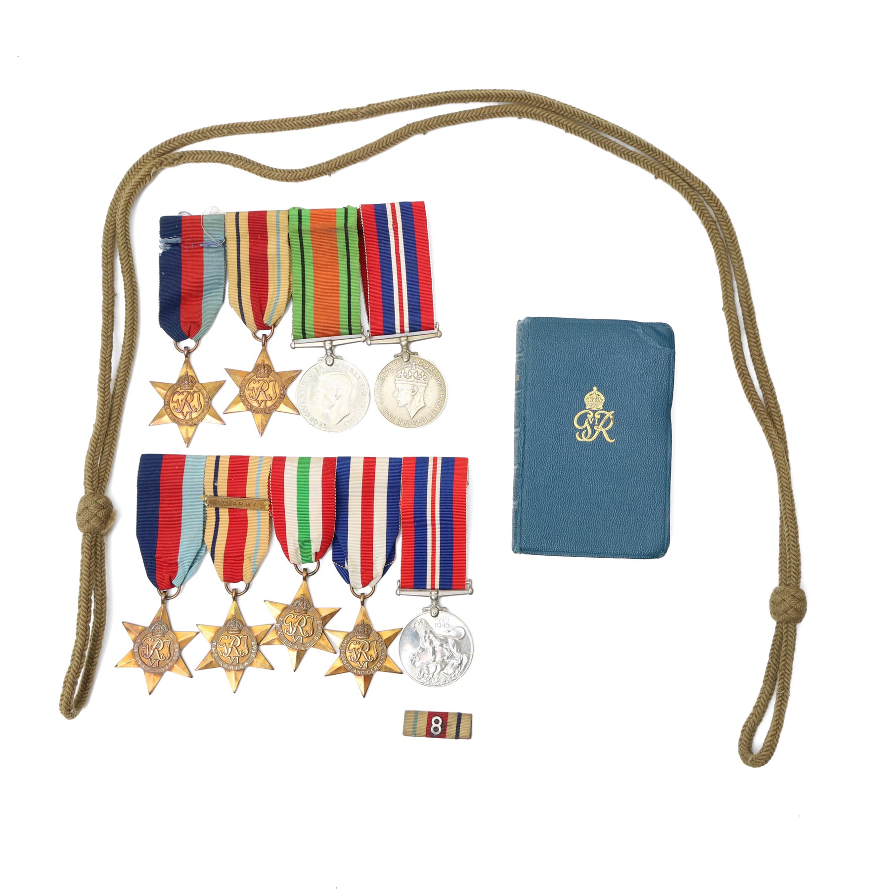 Group of five WWII medals comprising War Medal, 1939-1945 Star, Africa Star with 8th Army clasp, Italy Star and France and Germany Star, another group of War and Defence Medals, 1939-1945 Star and Africa Star, and a copy of the New Testament from George VI inscribed Leonard John Green, 3525653, RAOC, REME 1942, Att Black Watch 1944 and 1945 and Lee Enfield rifle number K91476