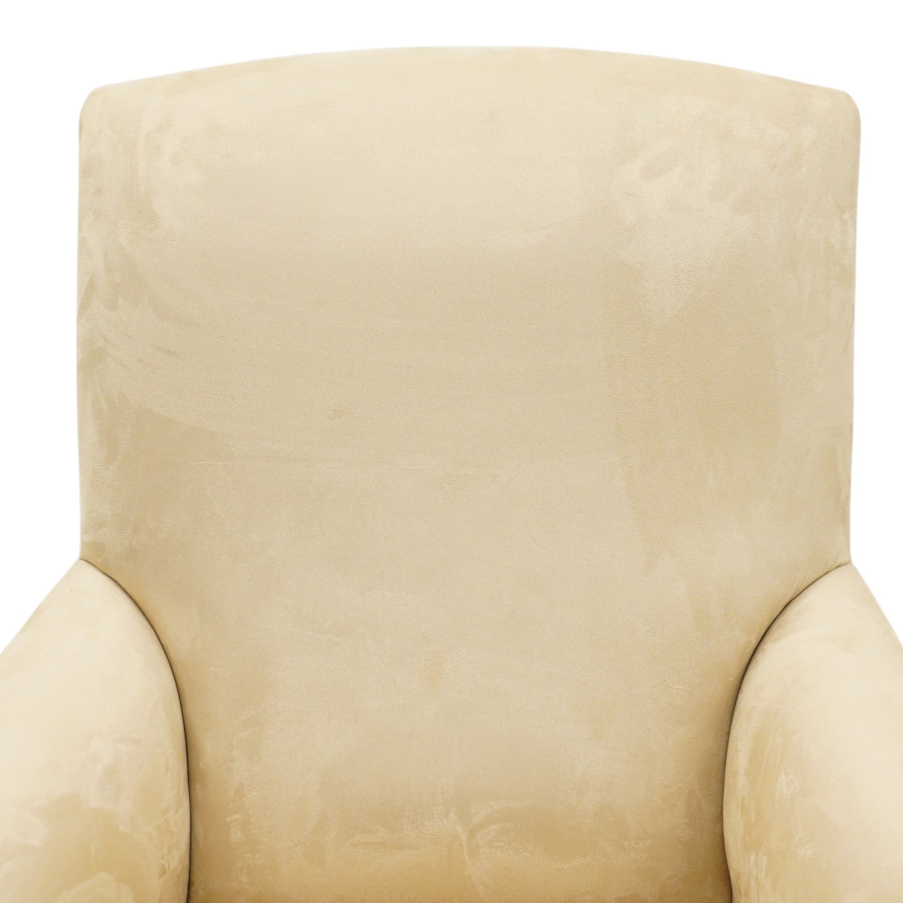 Sofas & Stuff - pair of ‘Thistle’ armchairs upholstered in neutral fabric, each with gently sloping back, padded scroll arms with close-set stud detailing, loose seat cushions, raised on turned wooden legs with brass castors