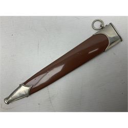 WW2 German SA dagger the 22cm double edged steel blade by G. Felix Gloriawerk Solingen inscribed 'Alles Fur Deutschland', the cross-piece impressed with the SA Gruppen mark Nm verso for Nordmark, wooden grip inset with eagle and SA emblem; in brown painted scabbard with nickel mounts L37cm overall