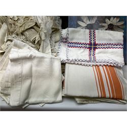 Large quantity of table linen and Victorian and later lace, framed machine tapestry depicting Greece, embroidered wall hanging decorated with a woodland scene with deer and blossoming tree, embroidered linen decorated with floral design, crochet, etc