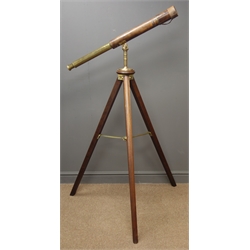  WW1 leather covered brass two-draw Military Telescope, engraved TEL. F A (Mk 1V) and GEN STAFF, RYLAND & SON Ltd. LONDON 1916, 265, with broad arrow stamps, shade and leather end cap, L125cm max, on later mahogany & brass tripod stand, H140cm  