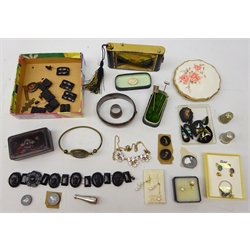  Victorian papier-mache inlaid snuff box, 9ct white gold ring, opal earrings, chased silver bangle, pair cultured pearl earrings, silver stick pins, pietra dura jewellery, unmounted incl. two dog busts, hunting horns etc, silver cigarette holder, Chester 1912, compacts etc    