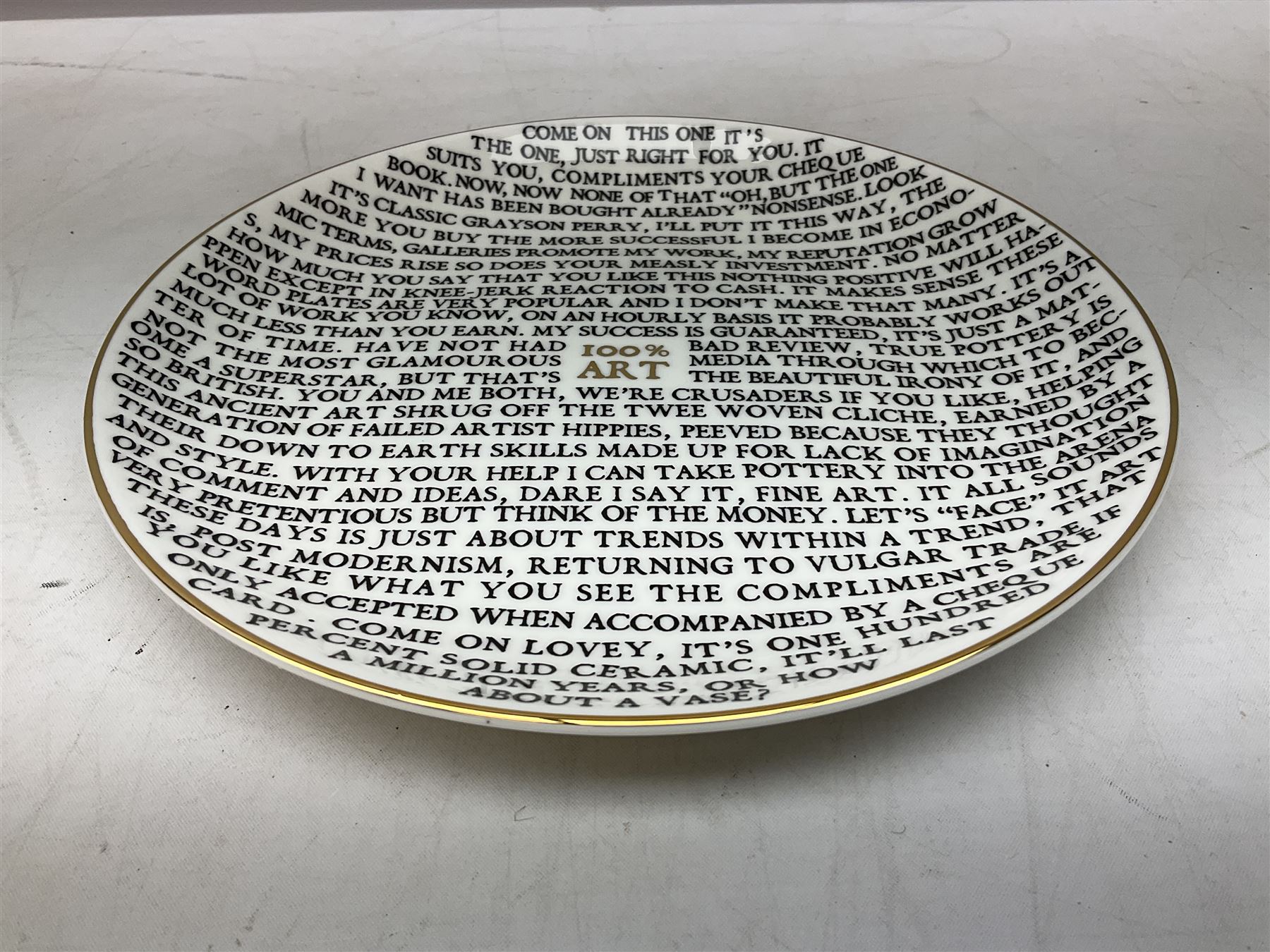 Grayson Perry RA (b.1960) 100% Art, 2020 fine china plate, with artist's seal printed to the base, produced for the York Art Gallery, D21.5cm