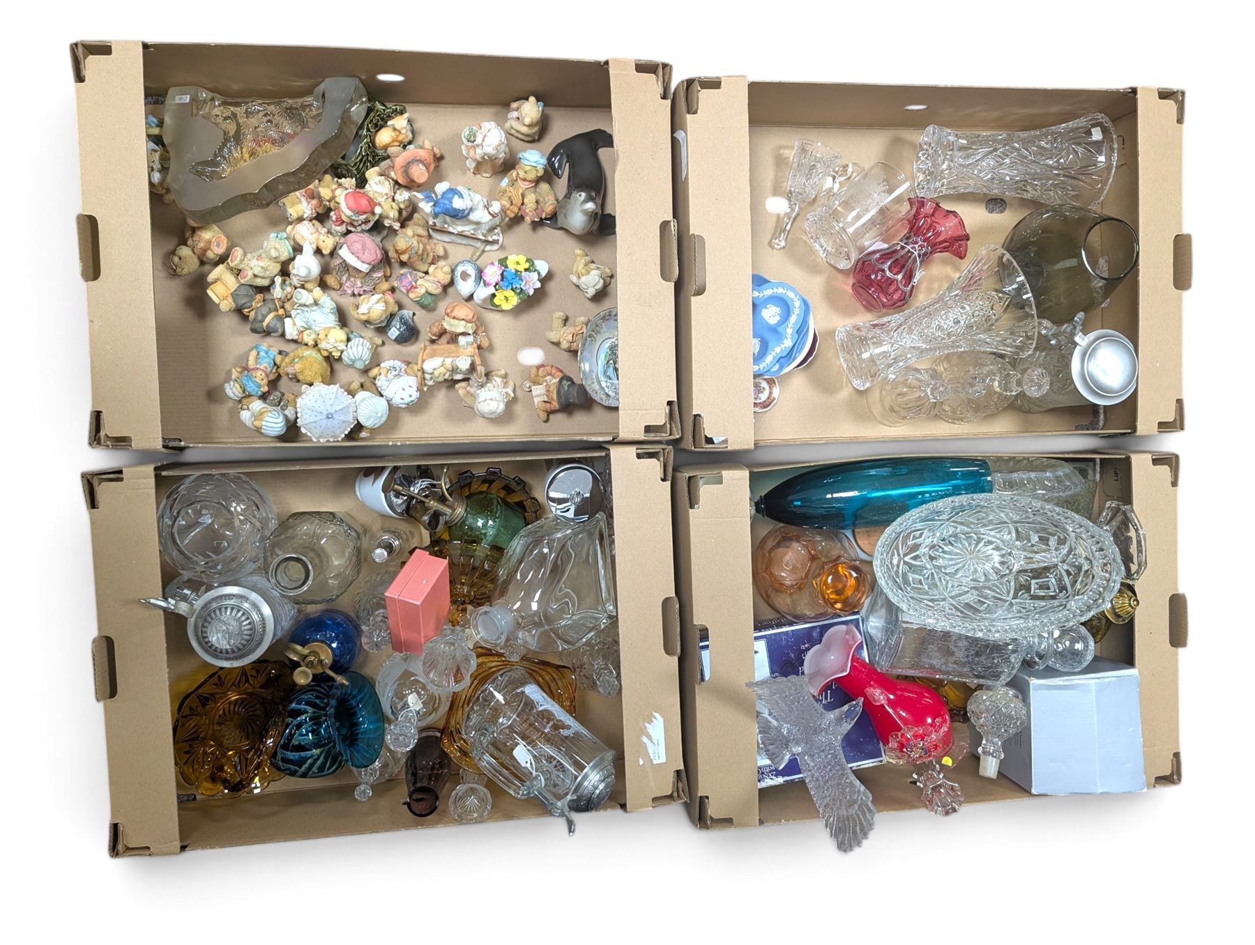 Cherished Teddies, cut and coloured glassware, Wedgwood Jasperware etc, in four boxes