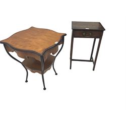Edwardian walnut occasional table, shaped top with low re-entrant apron, raised on metal supports united by undertier (W52cm H60cm); 18th century country oak side table, rectangular top fitted with single drawer, on square supports united by H-stretcher (W39cm D31cm H64cm)