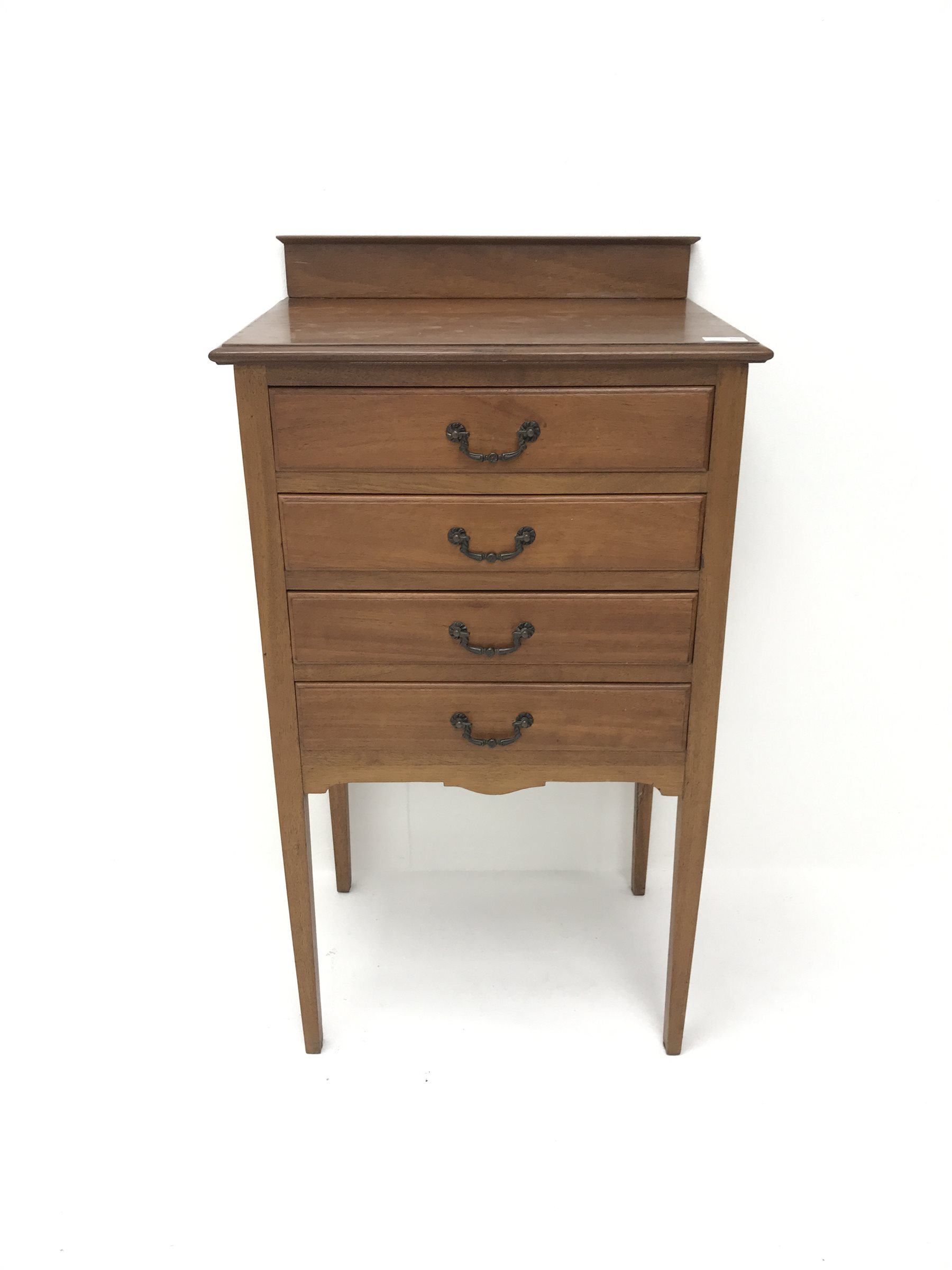 Edwardian mahogany music cabinet, raised back, four fall front drawers on square tapering supports, W51cm, H92cm, D36cm