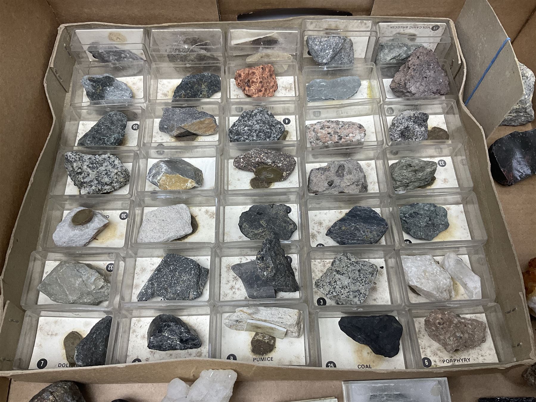 Natural history; Collection of rock and mineral specimens to include muscovite, sphalerite zinc blende, breccia, migmatite, fluorite etc, housed in a wood box, some named 