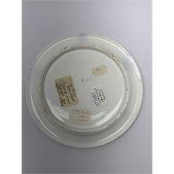 19th century porcelain stand, of circular form, in the Derby style, hand painted with a ruinous column and roses against a landscape background, within a gilt border, D7cm