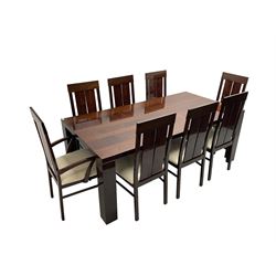 Large American walnut rectangular dining table on square block supports, together with set eight high back dining chairs with cream upholstered seats, the top and chair backs with matching inlaid geometric banding