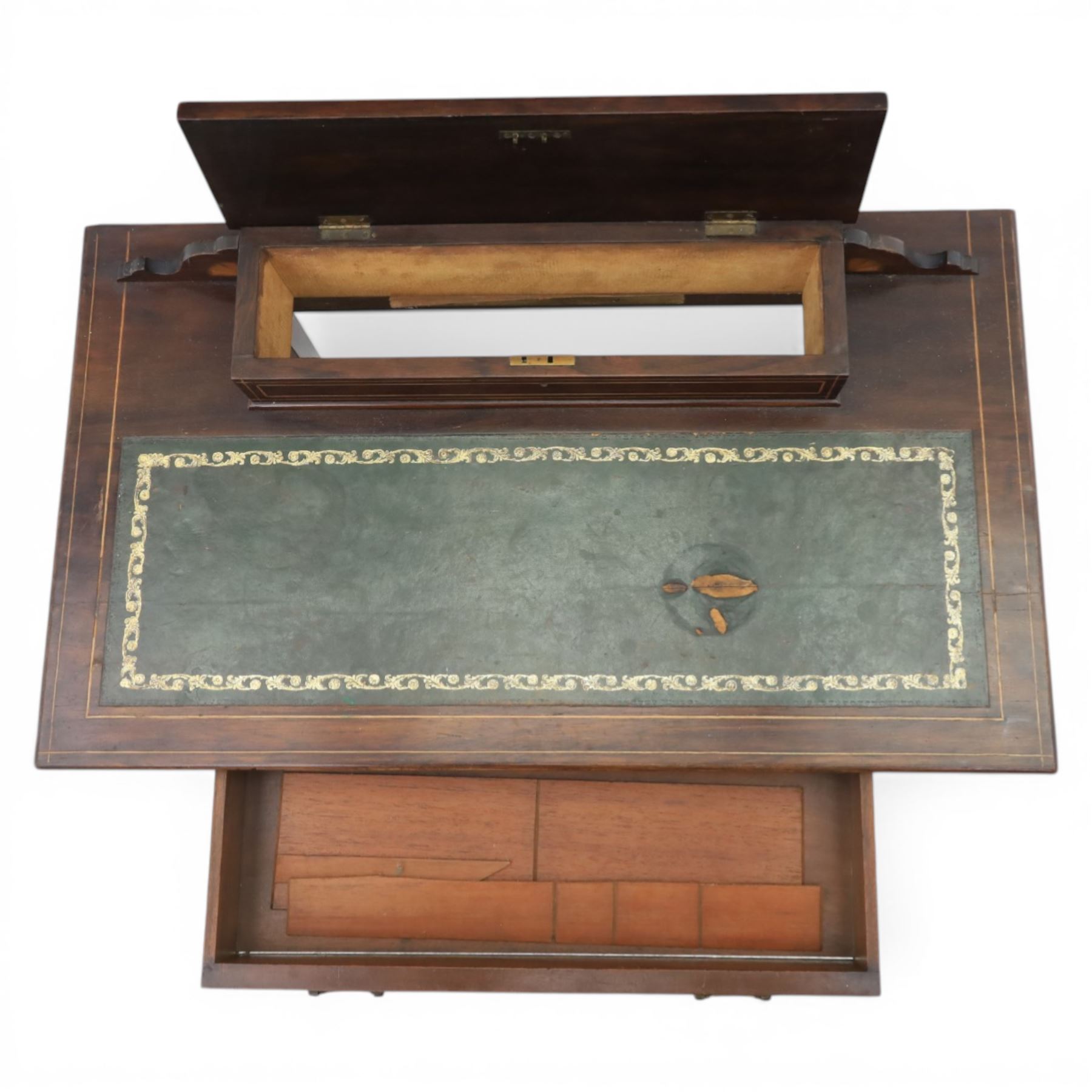 Edwardian inlaid rosewood writing desk, with raised back for an ink well, tooled green leather inset top, above a single drawer, raised on tapering square supports united by an undertier