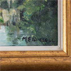 M E Russell (British 20th Century): Mill Pond, oil on board signed 25cm x 30cm 