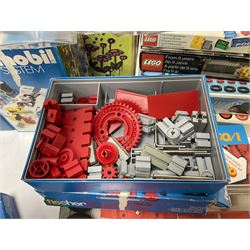 Fischer Technik/Lego/Playmobil - thirteen model building sets comprising eight Fischer Technik sets 50, 50/1, 50v, 50/2, 50+mot1 and two 50S, 50/1 add-on pack, with spare parts packs 01, 03, 05, two 22 and 30; two Lego sets comprising C107 and Lego Systems 103, part-set 870 and 970; Playmobil no.3520 set; four boxes of loose lego, various instruction manuals and a scrapbook 