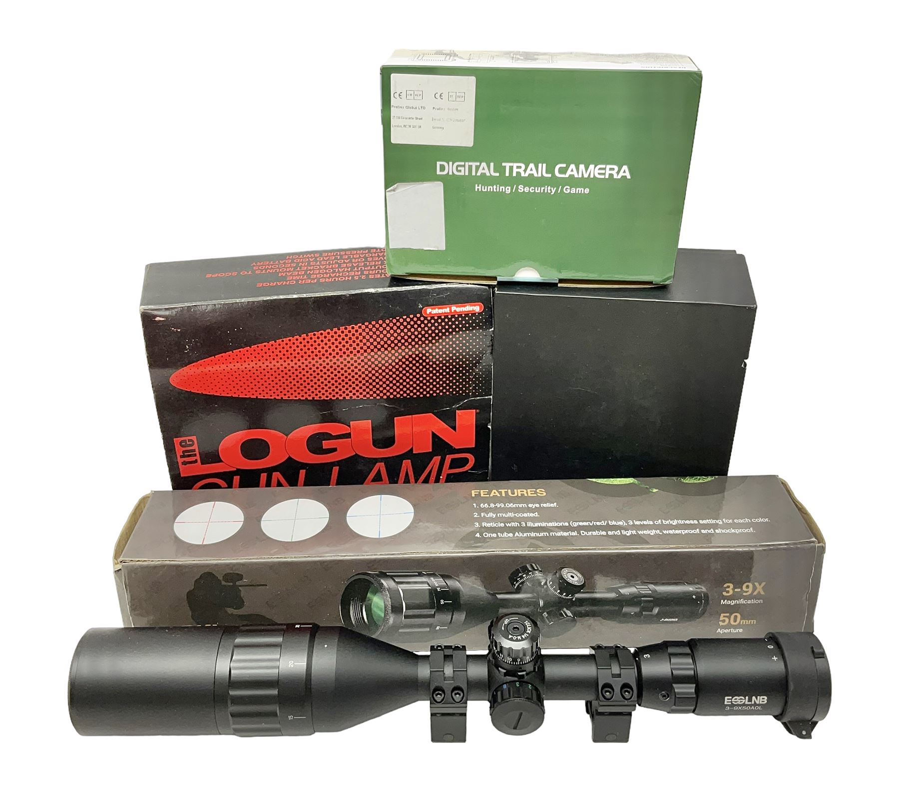 Four shooting accessories - Riflescope 3-9 x 50 scope; Digital Trail Camera; Megaorei M3 night sight add on; and Logan Gun Lamp; all boxed (4)