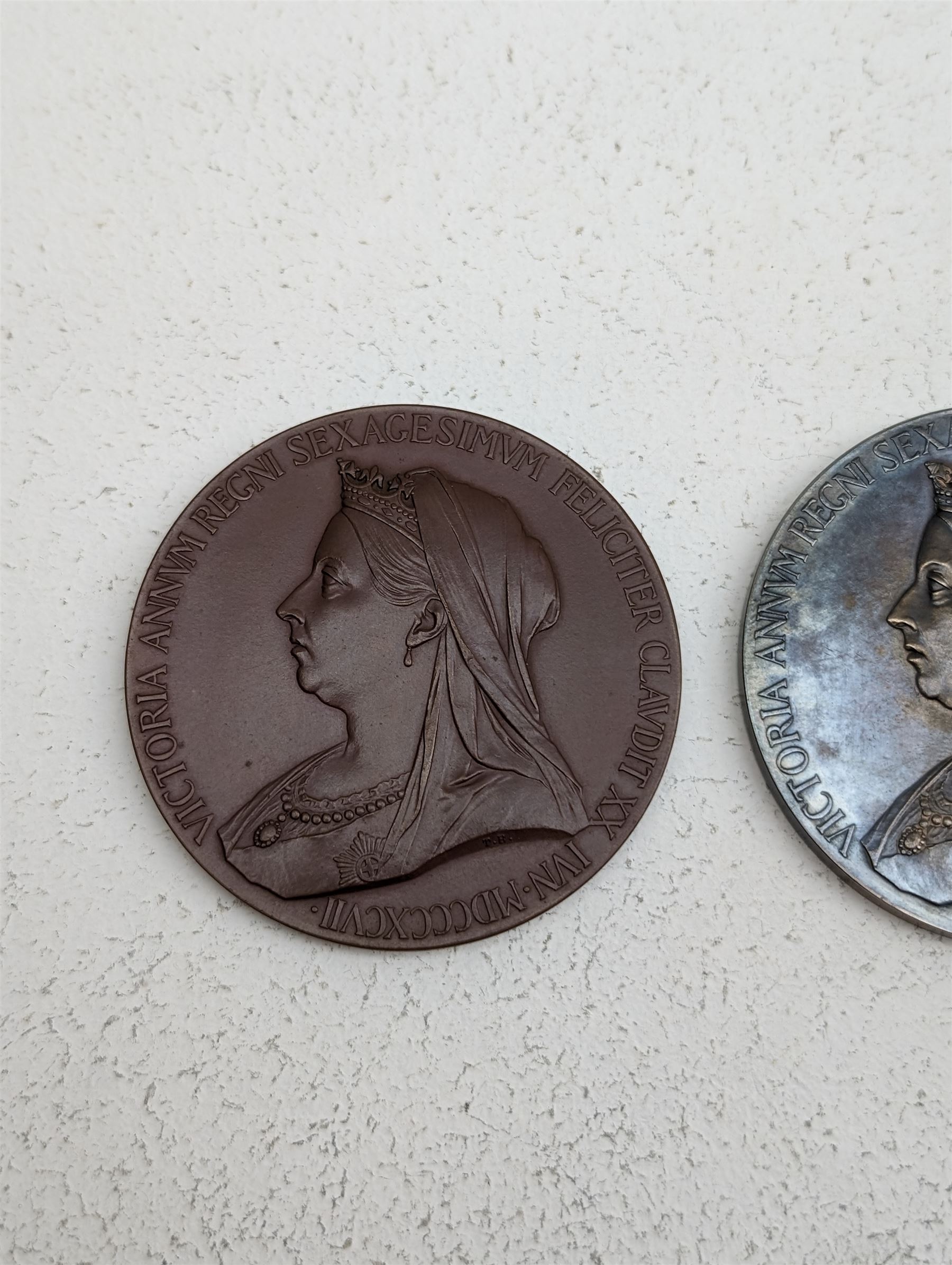 Two Queen Victoria 1887 Diamond Jubilee official Royal Mint issue large commemorative medals, one in silver, one in bronze
