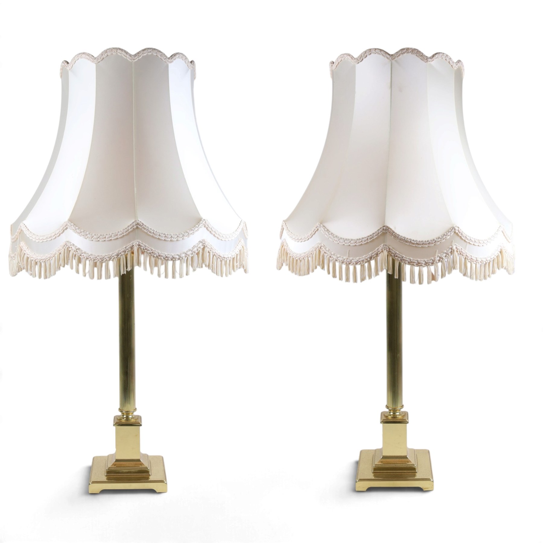 Pair of Corinthian column table lamps, upon stepped square bases, H78cm