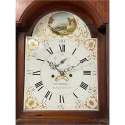 Thomas Greaves of Newcastle - late 18th century 8-day mahogany longcase clock c1790, with a flat topped hood and break arch hood door flanked by pilasters with Corinthian capitals, trunk with canted corners and ogee spire topped trunk door, rectangular plinth on a decorative stepped base,  early painted dial with raised gesso spandrels and a painted oval landscape to the arch, with matching steel hands, Roman numerals, five minute Arabic's and minute markers, subsidiary seconds dial and calendar aperture,  dial pinned via a cast falseplate to a rack striking movement with a recoil anchor escapement, striking the hours on a bell. With pendulum and weights.
