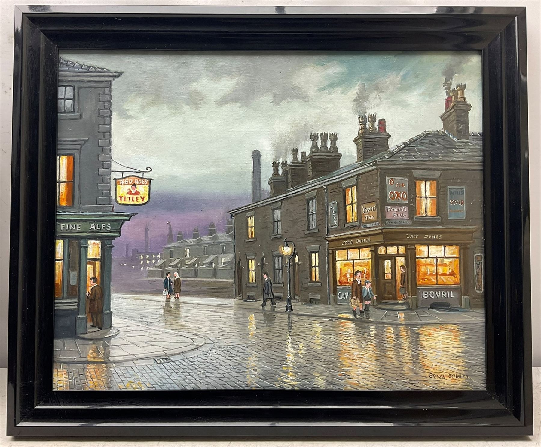 Steven Scholes (Northern British 1952-): 'The Corner Shop - Manchester 1962', oil on canvas signed, titled verso 40cm x 50cm