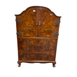 Early to mid-20th century burr walnut tallboy, fitted with two crossbanded doors enclosing two shelves, over three drawers with bookmatched veneer fronts, on cabriole feet