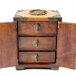 Chinese tabletop greenstone panelled cabinet with brass mounts, feather pulls, revealing three fitted drawers, each with upholstered cushioned interior, with lock and key, H18cm