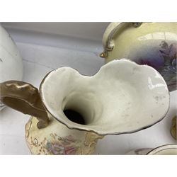 Fieldings Crown Devon Windsor pattern wash jug and bowl, together with two blush ivory ewers and other Victorian ceramics to include twin handled vase of flattened form and jug, tallest H36cm