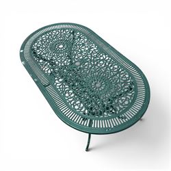 Cast aluminium oval garden table and set of four armchairs with pierced rose design back splats