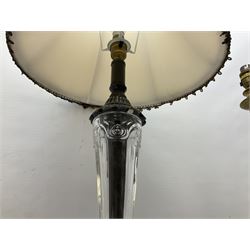 Three table lamps to include example with moulded glass centre column with fabric shade, and two brass examples, largest H66cm incl shade