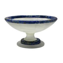 Lapis lazuli and agate open salt, of navette form, upon a stepped oval pedestal foot, H5cm, L8cm