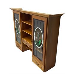 Art Nouveau design cherry wood kitchen wall unit, two leaded glazed doors with stained tulip decoration