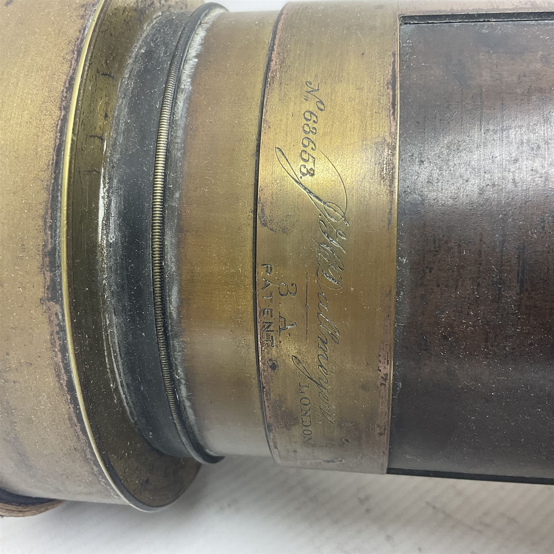 J H Dallmeyer London brass camera lens, engraved J H Dallmeyer London, No 63653, 3A Patent