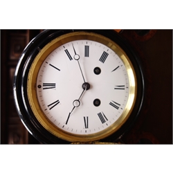  Victorian ebonised mantel clock, inlaid with amboyna wood, circular enamel Roman dial, twin train barrel movement stamped 'Samuel Marti, Medaille de Bronze', H27cm  