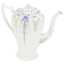 Shelley Art Deco Queen Anne shaped coffee service in the blue iris pattern comprising coffee pot, cream jug, sugar bowl, six cups, six saucers