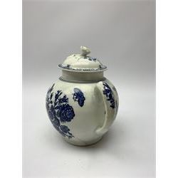 Small 18th century Lowestoft teapot, with printed decoration of floral sprays and butterflies, (associated cover), with spurious crescent mark beneath, H13.5cm, together with a similarly decorated Lowestoft slop bowl, D18cm
