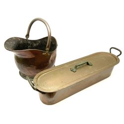 A Victorian copper fish pan and cover, with twin handles, L67.5cm, together with a copper coal scuttle of helmet form, not including handle H25cm. 