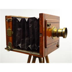  Mahogany and brass 41/2in x 6in plate folding tailbord camera with Universal Rapid Aplanat Serie E No.2 lens, on adjustable oak tripod,   