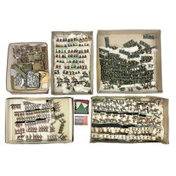 Painted metal wargame figures - over four hundred including Normans and Saxons, Romans, British Tribes etc; together with a quantity of part-painted and unpainted figures, battlefield weapons and accessories etc; average size 25mm