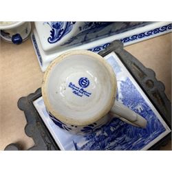 Collection of Delft ware and similar, to include vase of baluster form with cover, a pair of fluted vases, clock, covered trinket box etc, in two boxes  