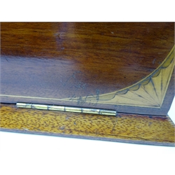  Edwardian inlaid mahogany correspondence box, the hinged lid opening to a polished mahogany fitted interior, the fall front with a gilt tooled leather writing slope, the parquetry inlaid mounted with a white metal crown and 'M', by S. Fisher, of 188 Strand, London. Provenance - from Wentworth Woodhouse Country House, H20cm x W31cm x D17cm   