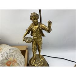 Brassed lamp modelled as a male with basket and fruit after Rancoulet, Tiffany style table lamp, brass table lamp, glass shades etc