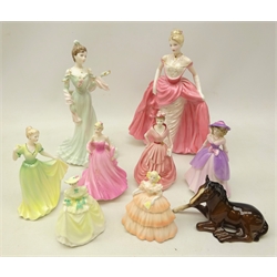  Coalport figures 'Millennium Debut', 'Clementine Debut in Paris', both with certificates, 'Minuettes Summertime', 'Congratulations', 'Lucy', 'Violet', 'Springtime', 'Debutante of the year' and a laying Beswick horse (9)  
