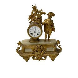 French - late 19th century 8-day spelter and alabaster mantle clock, with a pierced rectangular base and standing figure representing an 18th century gallant in period costume, clock movement enclosed in a drum case with an enamel dial, Roman numerals, minute markers and steel moon hands, countwheel striking movement, striking the hours and half-hours on a bell. With pendulum.