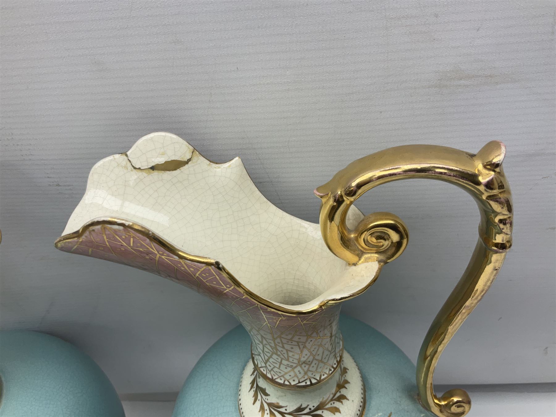 Pair rubian art pottery jugs and pair painted Doulton plates, jugs H42cm