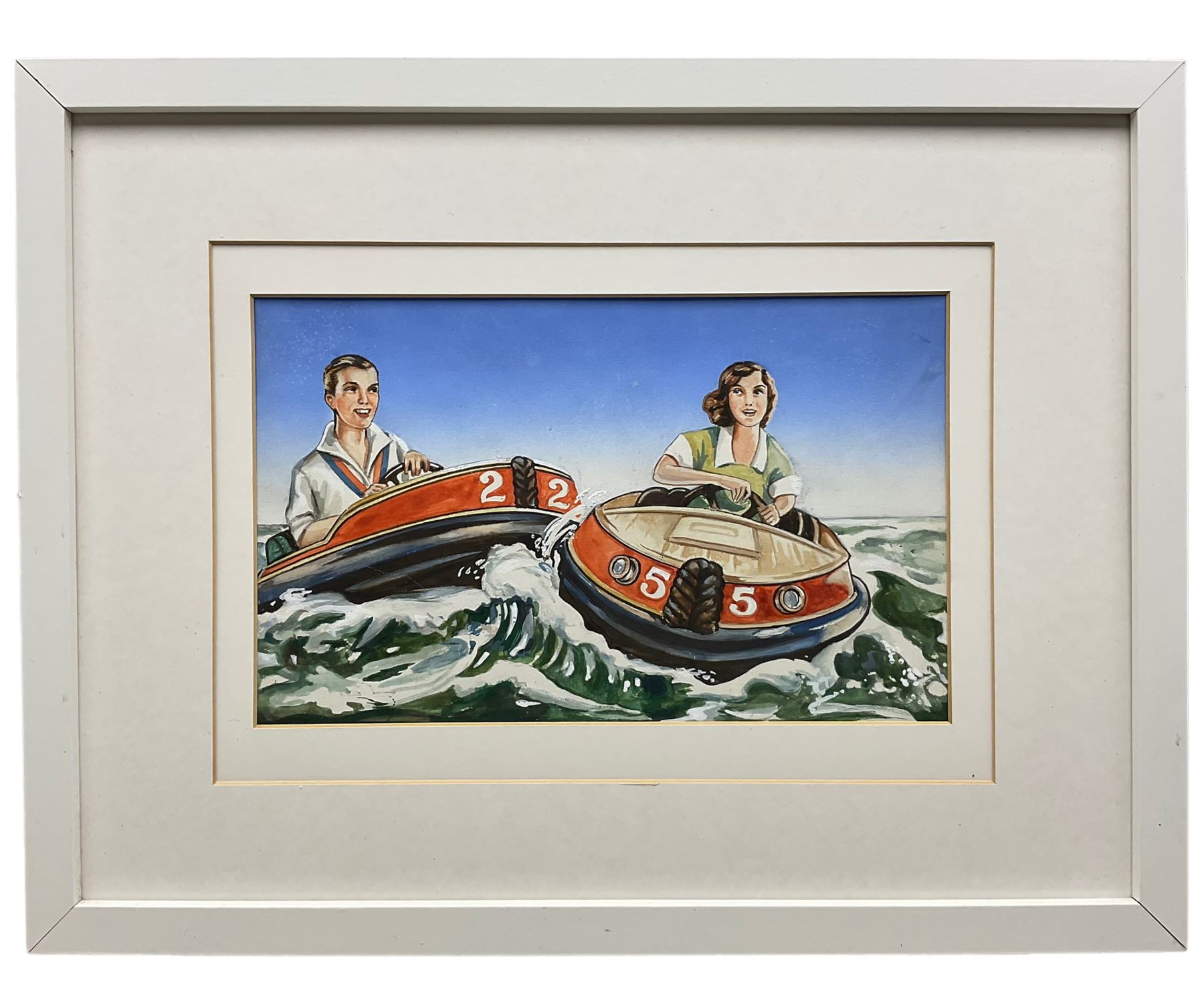 Madge Williams (British 1903-1986): 'My Baby's Got Rhythm', gouache signed together with 'Walkers Big Painting Book Number 12' 'Bumping Boats' 'Attracted to Bouys' and 'I See the Sea Now', set of four original gouache 1950's style postcard illustrations unsigned max 22cm x 31cm (5)