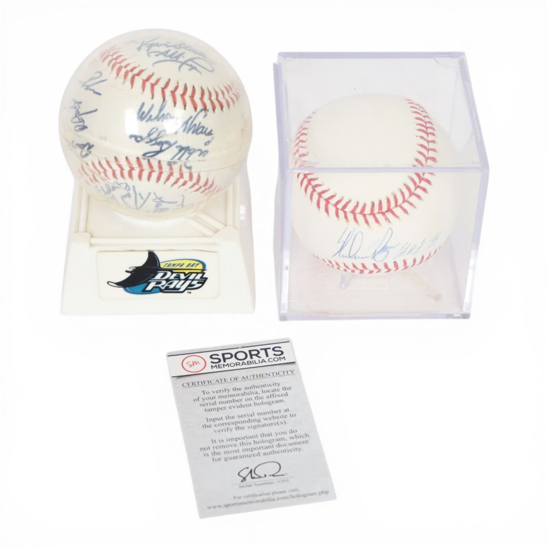 Signed Nolan Ryan with HOF '99 inscription, Rawlings baseball, contained within an acrylic display box, with authenticity hologram and certificate, together with a signed Tampa Bay Devil Rays baseball