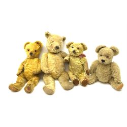 Four English teddy bears 1930s-50s including Chiltern bear with swivel jointed head, vertically stitched nose and mouth and jointed limbs H20