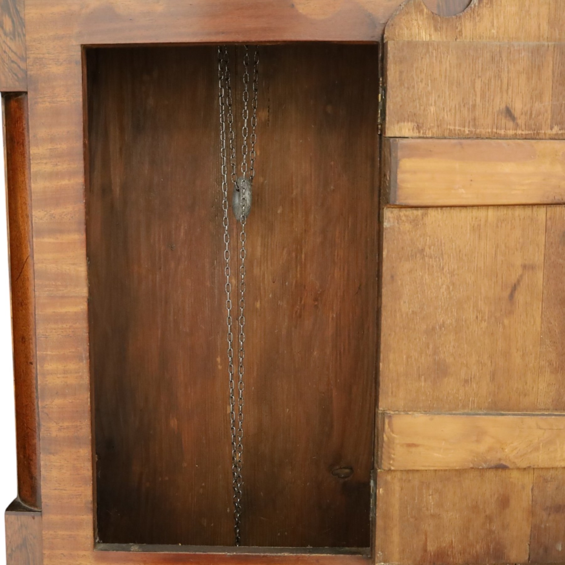 George Tesseyman of Northallerton - 19th century oak and mahogany 30 hour longcase clock, Hoho-bird on sphere finial with broken swan-neck pediment, dial painted with hunting scene, over a mahogany-banded oak case